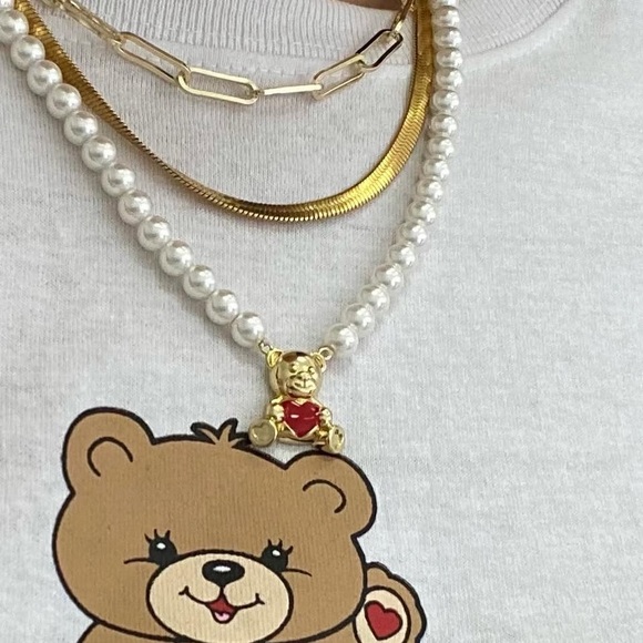Gold Bear Necklace Pearl Chain - Picture 2 of 3